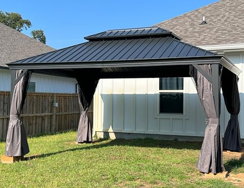 PURPLE LEAF Alu Pavillon 4 x 4.6 m Entwässerungssystem Seitenteilen, Grau | Regenrinne, Garngefärbter Stoff Vorhänge, Teslin-Netzgewebe, Vorgebohrte Löcher Alu-Säule, Rostfreies Metalldach, Feste Haken