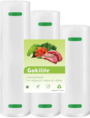Gokilife Vakuumierbeutel - 3 Rollen 20x600cm 25x600cm 28x600cm Reißfest ca.450µm, Vakuumierfolie für alle Vakuumierer & Lebensmittel Vakuumiergerät, Profi Folienrollen BPA-frei, Kochfest und Sous Vide
