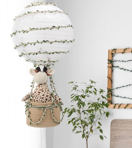Rossesay Safari Heißluftballon-Dekoration, handgefertigt, Dschungel-Heißluftballon, Kinderzimmer, Dekoration, Lampenschirm, Kinderzimmer, Lampenschirm, inklusive Giraffe für hängende Zimmer