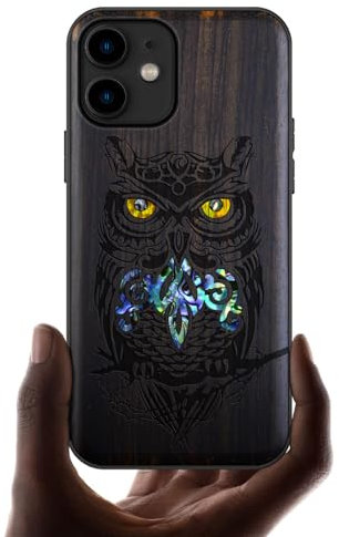Carveit Étui pour iPhone 11 Coque [Gravure en Bois et Incrustation de Coquille] Cover Compatible avec Apple 11 Etui Bois Luxe et Case (Bois Sombre-Un Hibou perché sur Une Branche)