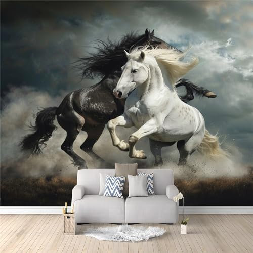 Non-Woven Photo Wallpaper Black and White Horse Wall Mural 150 x 105 cm Photo Mural, Bedroom Wall Mural Decoration Wall Covering Design