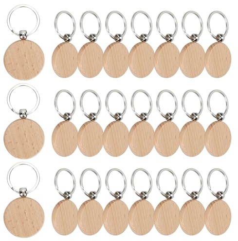 FOGAWA 24 Stück Holz Schlüsselanhänger Rund 4 cm - DIY Blanko Wooden Keychain Rohlinge für Malerei, Basteln, Dekoration und Geschenke