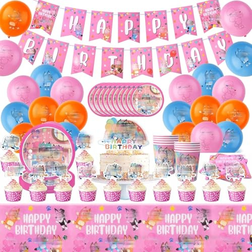 Partygeschirr Geburtstagsdeko, 95 Stück Geburtstag Party Deko Rosa Dog Theme Kindergeburtstag Set mit Luftballons, Geburtstag Banner, Tortendeko, Teller Servietten Tischdecke für 10-20 Personen