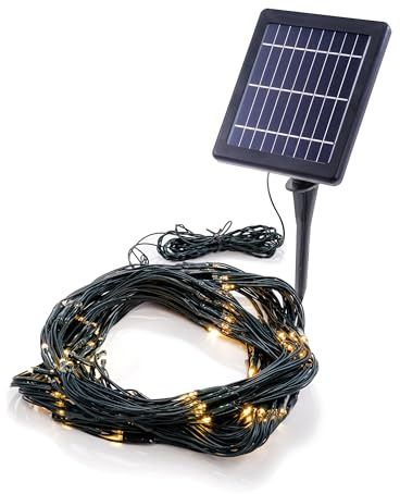 Esotec Solar Lichternetz Outdoor Lichterkette 144 LED Licht warmweiß 102190 | 144 warmweiße LEDs mit 2800K, bis 12Std. Leuchtdauer, 3 Helligkeitsstufen, Netzfläche 1,5x1,5m, LiFePO4-Akku wechselbar