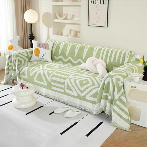 Royhom Sofa Überzug Boho, Sofabezug L Form, Couch Überzug Ecksofa, Sofaüberwurf 3 Sitzer, Couch Überwurf mit Deko Quasten, Grün Sofa Überwurf(Boho Grün, 180x340cm)