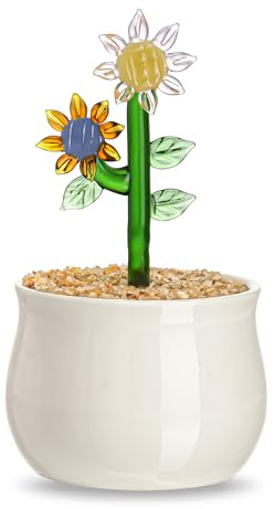 H&D HYALINE & DORA Handmade Blown Glass Sunflowers Collectibles Mini Blown Glass Plants Figurine Decor for Living Room, Balcony, Desk,Windowsill
