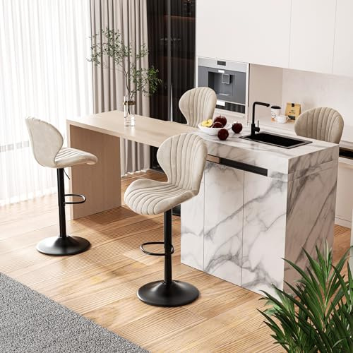 Hawthyhome Barhocker 4er Set Höhenverstellbar mit Lehne Stoffbezug Beige | Stoffbezug, 360° Drehbar, Fußstütze, Barstuhl, Küchenhocker, Tresenhocker, Heimbar, Einfache Montage