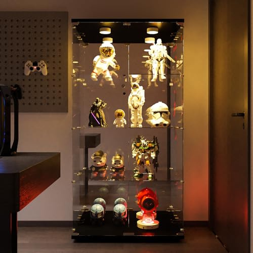 Glasvitrine mit LED-Beleuchtung, vierschichtige standvitrine mit Doppeltür, moderner vitrinenschrank für Sammlerstücke, Bücher, Wein, Vitrine geeignet für Büros, Wohnzimmer und Schlafzimmer (Schwarz)