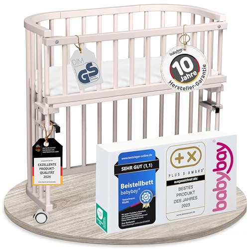babybay Original Beistellbett aus massivem Buchenholz/kompakt & verwandelbar/Kinderbett Höhe stufenlos verstellbar/mitwachsendes Babybett (beige lackiert) / inkl. Matratze, Gitter, Rollen