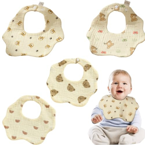 RVYEIOP 4 Pezzi Bavaglini per Neonati, Bavaglini in Mussola Morbidi e assorbenti, Bavaglini per sbavare, Panni per Il ruttino per Neonati e Bambini con Bottoni a Pressione