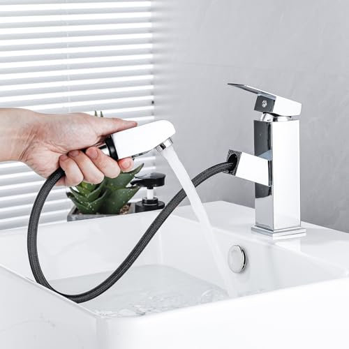 Eovem Pull Out Bathroom Taps Single Lever Basin Mixer Tap Square Bathroom Sink Mixer Taps Chrome