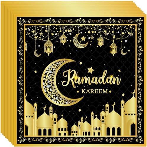 48 Stück Ramadan Servietten, Ramadan Deko 33 x 33 cm, Ramadan Party Servietten, Schwarze Goldene Servietten für Eid Feier, Ramadan Dekoration und Tischzubehör für besondere Anlässe