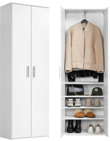 mokebo Garderobenschrank Mehrzweckschrank (60x180 cm) 'Der Lange' aus Holz mit integrierten Schuhfächern, Schuhschrank, Flurschrank, Allzweckschrank oder Vorratsschrank in Weiß