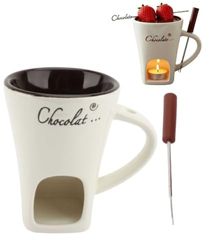 Beufee Chocolate Melting Cup, Ceramic Sweet Fondue Cup Fondue Mug Butter Warmers Pot Mini Simmer Mug with Forks for Chocolate Cheese Candy (White)