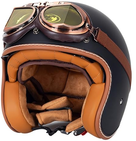 Half Hjälmar Hjälmar Som Visar Ansiktet Motorcykelhjälm Med Öppet Ansikte Vintage Jethjälm Skoterhjälm Halvskalshjälm ECE-godkänd Män Kvinnor Krockhjälm Mopedhjälm Med Glasögon(H,XL=(61~62cm))