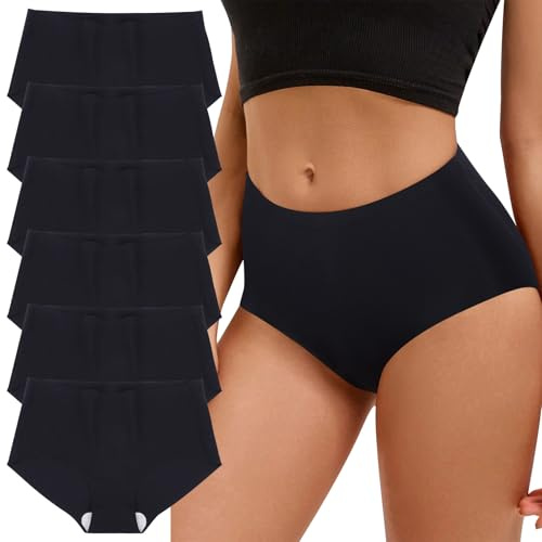 Risipu Women's Mid Waisted Seamless Underwear Full Coverage Brief Ladies No Show Panties Sexy Comfortable Lingerie (UK, Alpha, L, Regular, Regular, 6 Pack - Black)