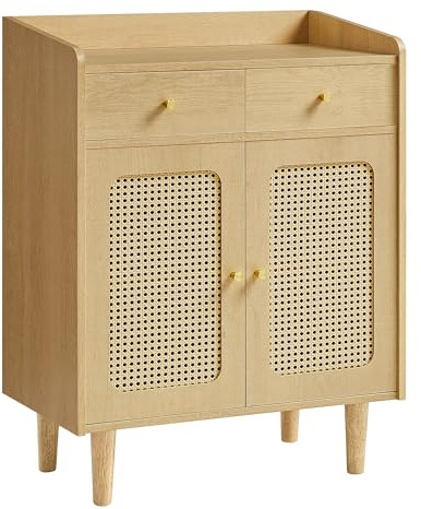 VASAGLE BOHOVEN Kollektion - Skänk i rotting, förvaringsskåp, skåp med rottingdörrar och lådor, justerbart hyllplan, bohemisk stil, för matsal, vardagsrum, beige ek