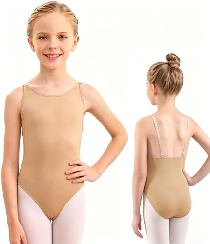 Modurio Nude Leotards for Girls Gymnastics, Seamless Ballet Dance Bodysuit with Adjustable & Clear Straps, Breathable Stretch Camisole Dance Leotard for Kids Women (Grils, Nude, 8-14 Years)