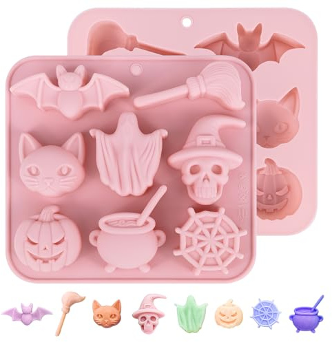 Halloween Silicone Mold, 8-Cavity Chocolate Mold Candy Mould Bat Broom Black Cat Ghost Skull Pumpkin Spider Web Alchemy Furnace Shape for Chocolate, Candy, Jelly DIY F6-WSJ8LMJ