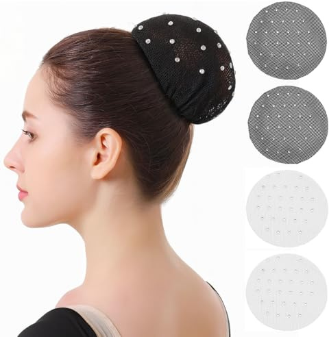 KEWUF 4 Pezzi Retine per Capelli Chignon, Retina Chignon Bambina Danza, Rete per Capelli con Diamanti, Per Capelli Stretch Retina Per Capelli Per Balletto Danza (Nero, Bianco)