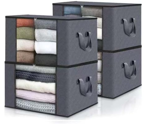 BAONUO 4 Pezzi 60L Scatola per armadio, organizer armadio,Scatola per Armadio Pieghevole, scatoloni per trasloco, contenitori sottoletto per Coperte, Biancheria da Letto, Grigio