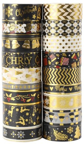 Fyfjur 18 Rollen Washi Tape Weihnachten, Washi Tape Schwarz Set Selbstklebendes, Klebeband Bunt für DIY Weihnachten Handwerk, Scrapbooking, Geschenkverpackung (5mm/10mm/15mm/20mm)
