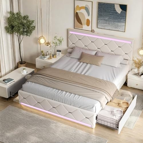 SHAODENG Stauraumbett 140x200 mit 4 Schubladen, Jugendbett mit LED und USB-Ladefunktion, Doppelbett Bettgestell mit Lattenrost, Beige Polsterbett aus Samt, ohne Matratze