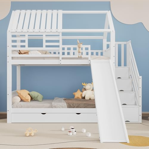 LAKFEW Litera Infantil 90x200 cm con Tobogán y Escalera de Almacenaje, Literas Cama Infantil con Cajón Grande y Diseño de Techo, Camas Infantiles con Protección Anticaída, Blanco, Sin Colchón
