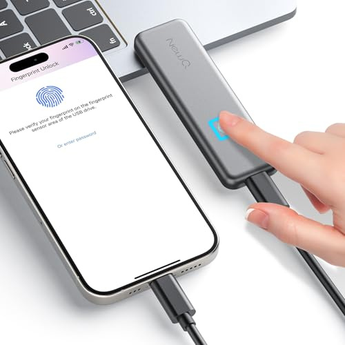 NEWQ 1TB Externe SSD mit Fingerabdruck – Sichere Backups & Verschlüsselung per App für USB-C iPhone 17/16/15, Android, iPad, Mac/Windows (Nicht kompatibel mit iPhone/iPad mit Lightning-Anschluss)
