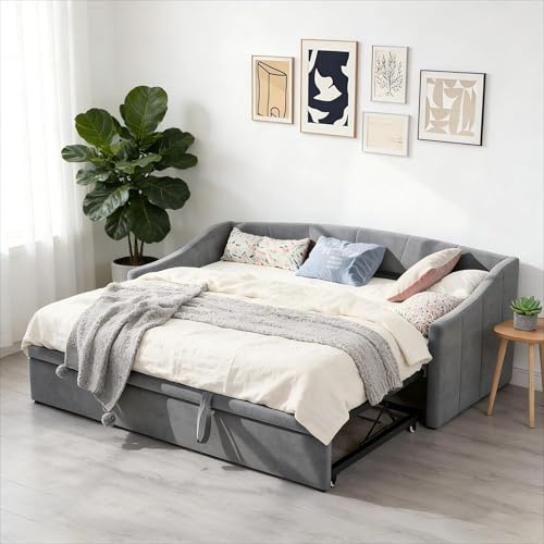 DAHUEN Bäddsoffa, konvertibel 90/180 x 200 cm, utdragbar säng, 2-sits, utdragbar bäddsoffa med ribbotten, stretchbar sammetssäng för vardagsrum eller sovrum, grå (utan madrasser) (grå/1)