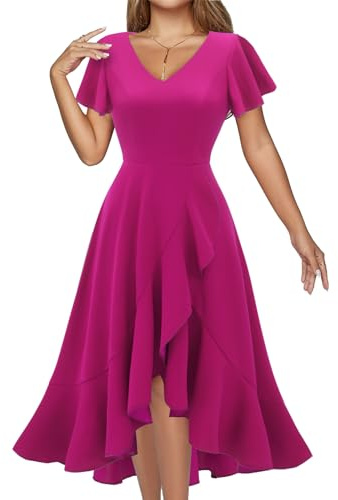 DRESSTELLS Women's Cocktail Party Dresses for Wedding Guest, Formal Mother of the Bride Bridesmaid Birthday High Low Split Aline Midi Dress Fuchsia L
