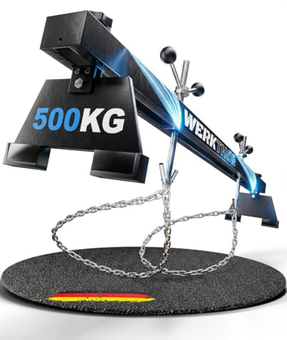 WERKTHOR Motorbrücke 500kg massiv für PKW – Kotflügeltraverse 150cm verstellbar – Motorhalter Traverse mit 2 Ketten & 360° Füßen – Motortraverse Motorheber mit Kotflügelschutz Schwarz