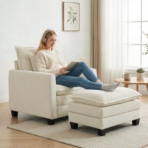 HOMCOM Fauteuil Salon avec Repose-Pied Canapé 1 Place en Chenille Crème | Assise Large, Rembourrage Double Couche, Coussin à Ressorts, Oreiller, Fauteuil de Lecture Moderne pour Chambre, Appartement