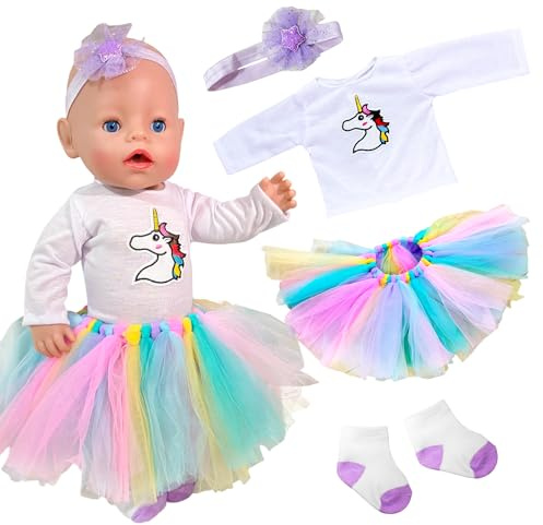 Puppenkleidung 14-18 Zoll, Baby Puppen Kleidung Kompatibel mit 36-43 cm New Born Baby Puppen mit Rosa Regenbogen Tüllrock Langärmlig Stirnband Socken Elegante Puppenkleidung Geschenke (Tier)