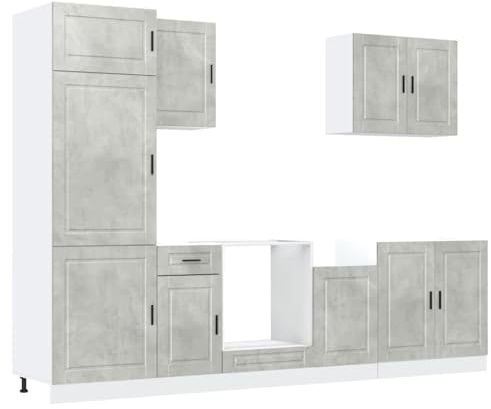 Mhdvray Juego de 7 muebles de cocina Porto, color gris hormigón, de madera, incluye armarios para fregadero, horno y colgantes, muebles de cocina modernos con mucho espacio de almacenamiento