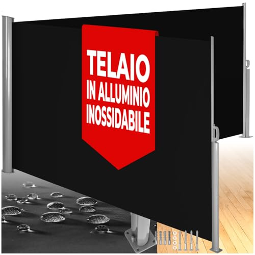 tectake Aluminium Doppel- Seitenmarkise ausziehbar, Outdoor Seitenwand als Garten Sonnenschutz, Balkon Sichtschutz, Terrassen Windschutz, mit Aufrollmechanismus - 180 x 600 cm, schwarz