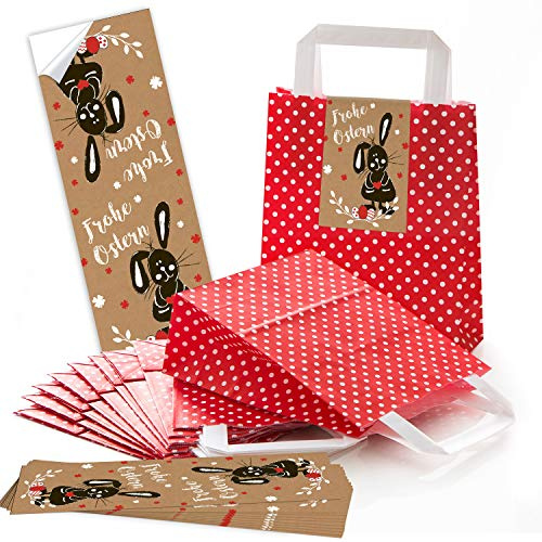 Logbuch-Verlag 10 Ostern Geschenktüten zum Befüllen - Ostertüten mit Tragegriff rot-weiß gepunktet Osterhase Banderole 18 x 8 x 22 cm