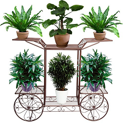 FullBerg 2 Ebene Blumenregal Metall für Pflanzen und Blumenampel, Vierradantrieber Blumenständer für Innen-Balkon, Wohzimmer Pflanzentreppe Blumentreppe Gartenregal Outdoor Deko, Antique Bronze