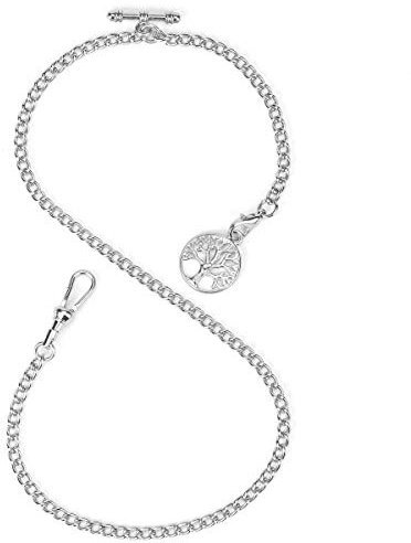ManChDa Albert Chain Taschenuhr, T-Bar Kette mit Life Tree Anhänger, Curb Link Chain 2 Haken Antike Fob T Bar für Männer (Silber)