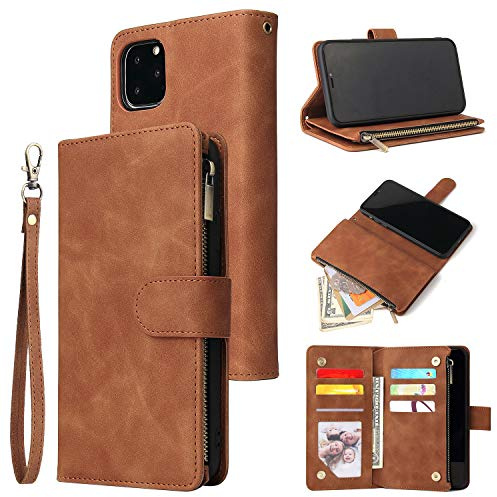 UEEBAI Wallet Case for iPhone 12 mini 5.4 inch, Premium Vintage PU Leather Magnetic Closure Handbag Zipper Pocket Case Kickstand Card Holder Slots with Wrist Strap TPU Shockproof Flip Cover - Brown