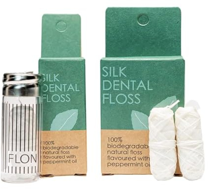 Fil dentaire en soie naturelle + recharges 90 m | Eco Zero Waste biodégradable durable sans plastique naturel dans distributeur en verre réutilisable Emballage écologique sans plastique Menthe + cire