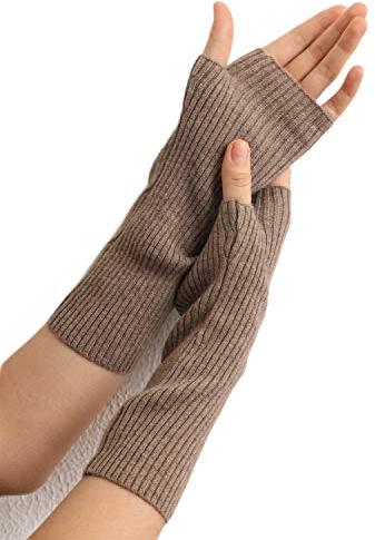 Prettystern Mujer calentadores de muñeca cachemira longitud media manguito brazo guantes punto costilla sin dedos marrón