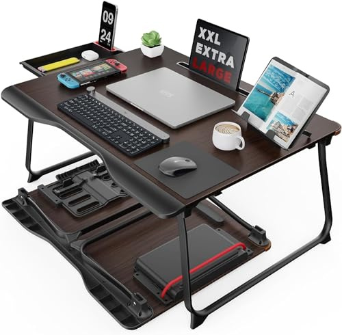 Laptop Desk for Bed, SAIJI XX-Large Foldable Bed Tray Table for Eating Breakfast, Writing, Working, Gaming, Drawing with Storage Drawer, Handrest Bookstand, Tablet Stand, Phone Stand (Black Cherry)