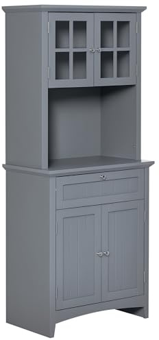 HOMCOM Elegant Buffet with Hutch, Kitchen Pantry Storage Cabinet with Framed Glass Door Drawer and Microwave Space for Dining Room, Living Room, Gray