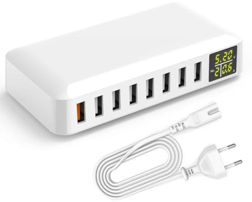 Caricatore USB Multiplo 60W Stazione di Ricarica con porta QC3.0 da 18 W Caricabatterie Alimentatore con Display a Led Presa USB a 8 porte Carica Rapido per iPhone iPad Pro Samsung Galaxy Pixel ecc