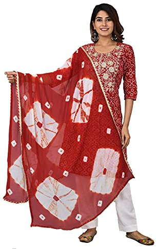 Vrnda Kurta Donna Bandhej Tie Dye Rajasthan con Dupatta Set 2 Pezzi Vestito Etnico Indiano Rayon Manica Lunga Bollywood Boho Chic Matrimonio Festa, Rosso, Taglia L