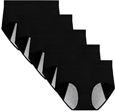 Anntry Pantalones de período para Mujer, Ropa Interior posparto de Cintura Media Alta, Braguitas de algodón Menstrual a Prueba de Fugas, Paquete de 5 (L, 5Negro)