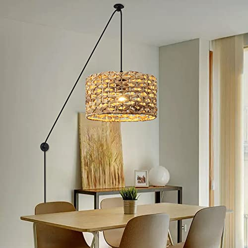 Plug in Cord Bamboo Pendant Light for Kitchen Island, Modern Rattan Ceiling Hanging Wicker Lamp, Basket Chandelier Wall Light Fixture for Living Room Dining Room Restaurant (Large Cylinder Lampshape)