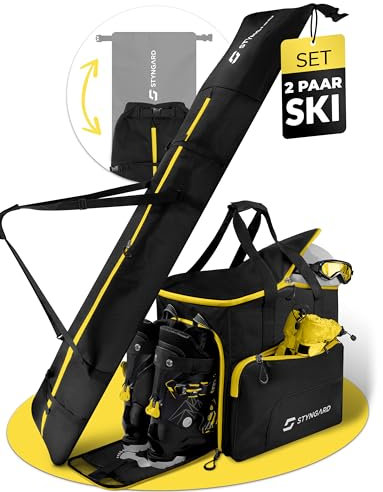 STYNGARD Skitasche Set 4-teilig (140cm-200cm) Skisack und Skischuhtasche mit Helmfach, Helmtasche, Bürste - Rolltop Skitasche und Skischuhtasche mit Lüftungsgitter Modell Salzburg