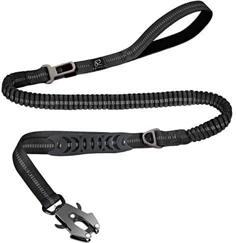 Raipult Tactical Dog Leash Heavy Duty, 4-6FT Shock Absorbing Bungee Leash with Quick Release Clip& 2 Handles, No Pull Waking Lead with Car Seatbelt for Medium Large Dogs that Pull, Black